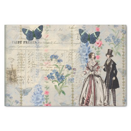 Victorian Couple Amidst Blue Butterflies Flowers Tissue Paper