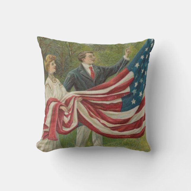 Victorian Couple Raising US Flag Memorial Day Throw Pillow (Front)