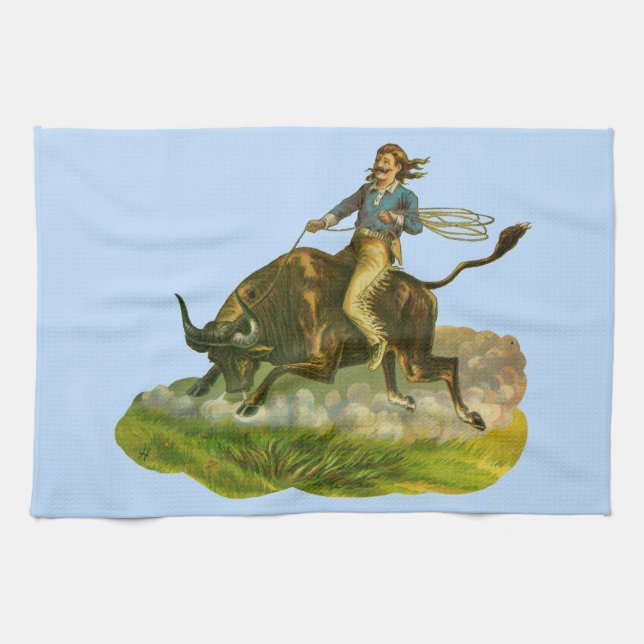 Victorian cowboy bull rider kitchen towel (Horizontal)