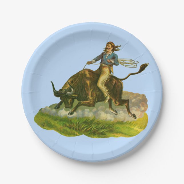 Victorian cowboy bull rider paper plates (Front)