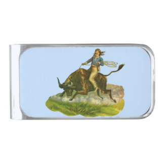 Victorian cowboy bull rider silver finish money clip