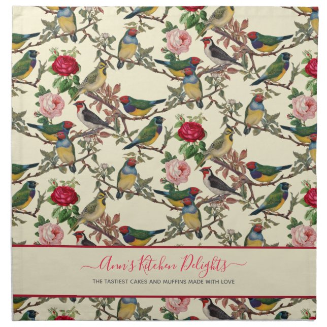 Victorian Cream Chinoiserie Floral Birds Cloth Napkin (Front)