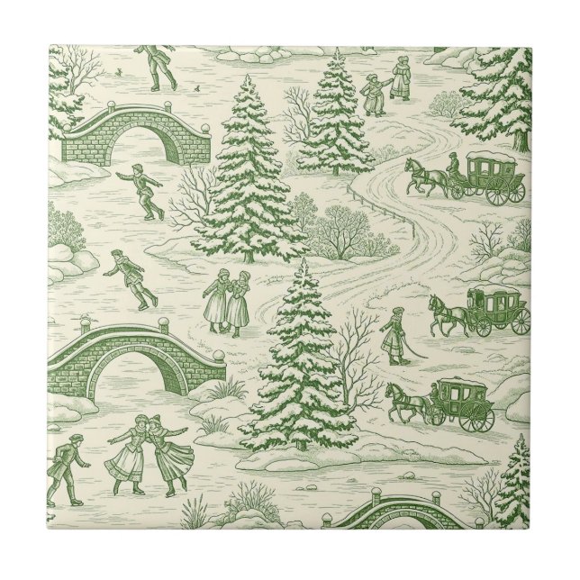 Victorian Cream Green Winter Toile Pattern Ceramic Tile (Front)