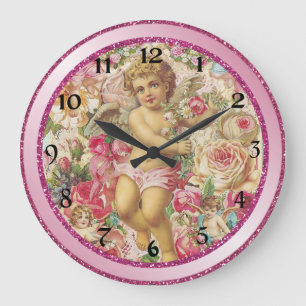 Victorian Cupid and Roses Floral Large Clock