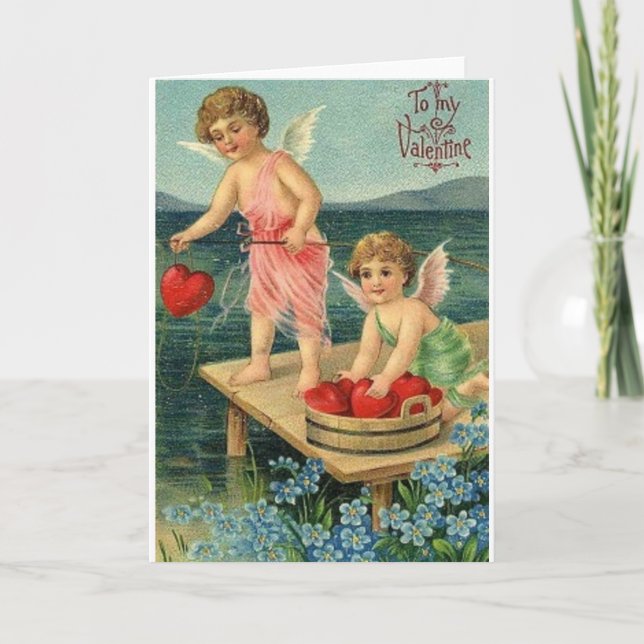 Victorian Cupid Heart Fishing Valentine's Day Card (Front)