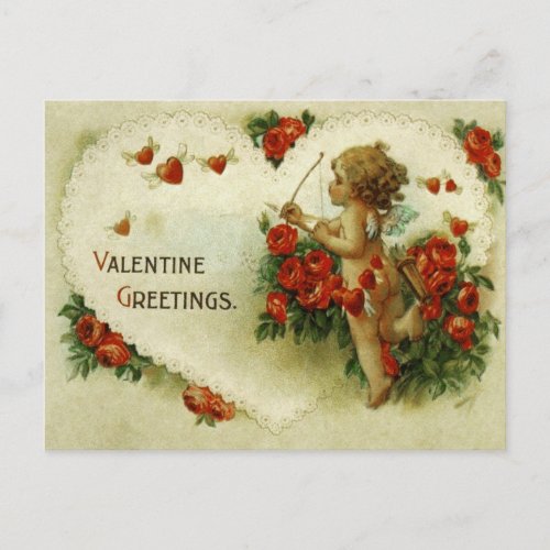 Victorian Cupid Roses and Heart Valentine Postcard