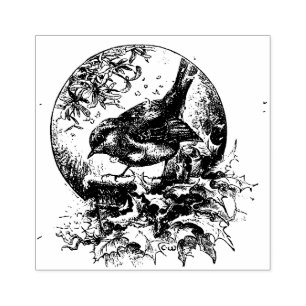 Victorian Cute Bird with Holly - Vintage Christmas Rubber Stamp