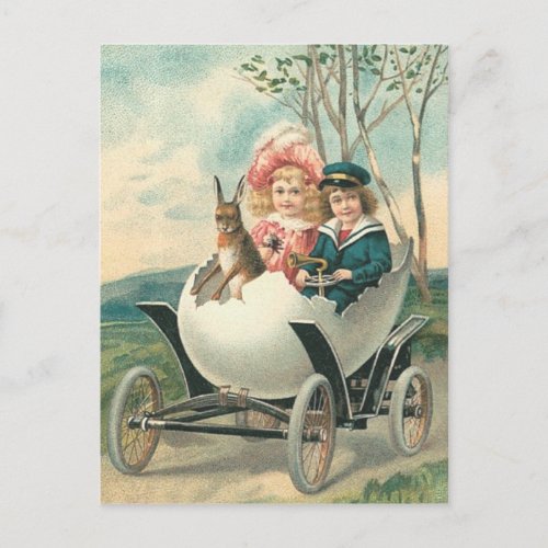 Victorian Cute Children Bunny Egg Car Postcard