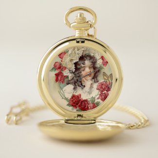 Victorian cutie with red roses pocket watch