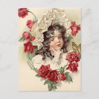 Victorian cutie with red roses postcard