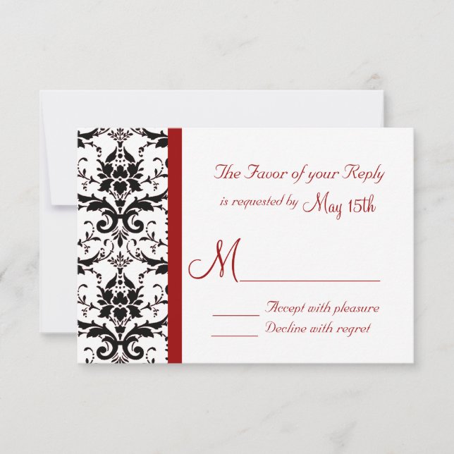 Victorian Damask Black White Red Stripe RSVP Card (Front)