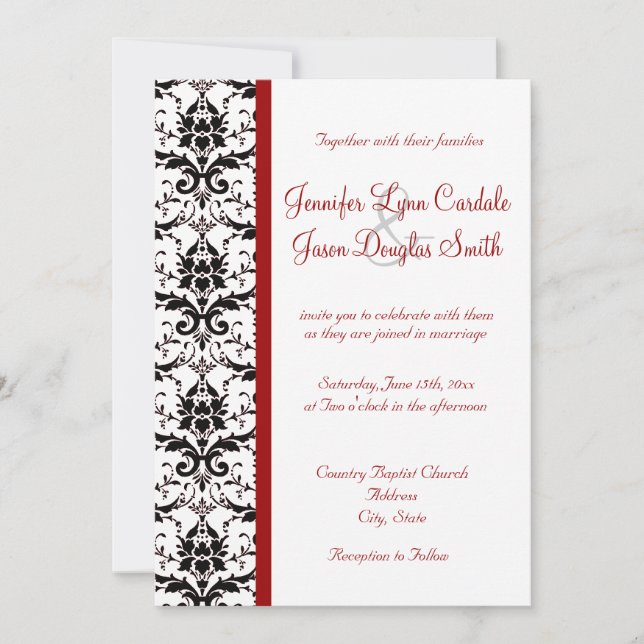 Victorian Damask Black White Red Stripe Wedding Invitation (Front)