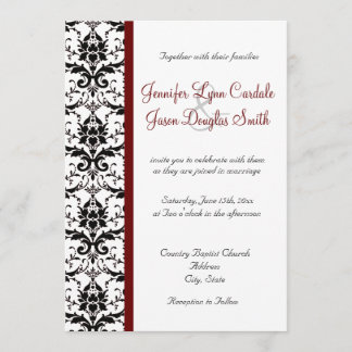 Victorian Damask Black White Red Stripe Wedding Invitation
