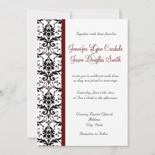 Victorian Damask Black White Red Stripe Wedding Invitation