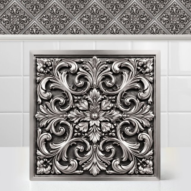 Victorian Damask Embossed Antique Silver Pattern Ceramic Tile (Victorian Damask Embossed Antique Silver Pattern Ceramic Tile)