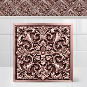 Victorian Damask Embossed Rose Gold Pink Pattern Ceramic Tile