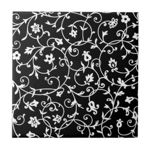 Victorian Damask Pattern, Black and White, Ceramic Tile