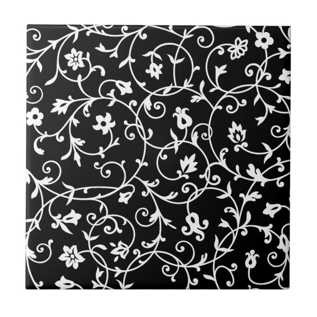 Victorian Damask Pattern, Black and White, Ceramic Tile (Front)