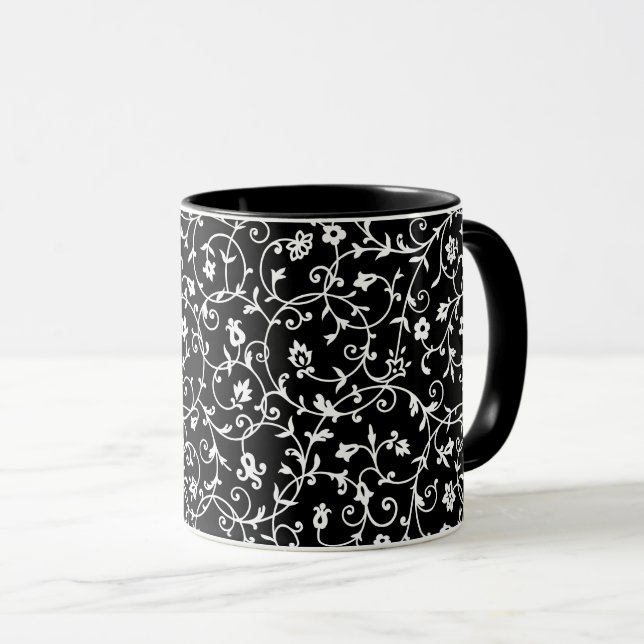 Victorian Damask Pattern, Black and White, Mug (Front Right)