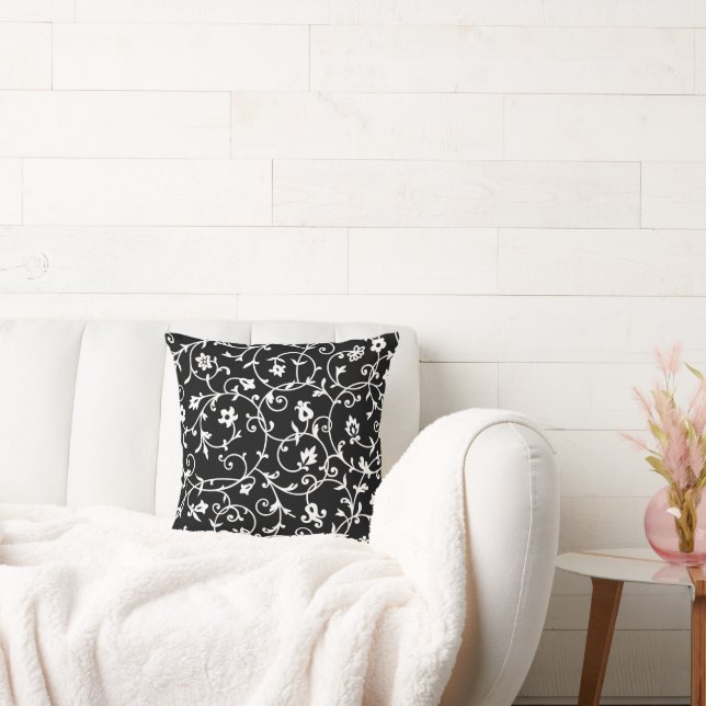 Victorian Damask Pattern, Black and White, Throw Pillow (Couch)