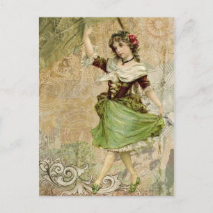 Victorian Dancing Girl Green Red Rose Postcard