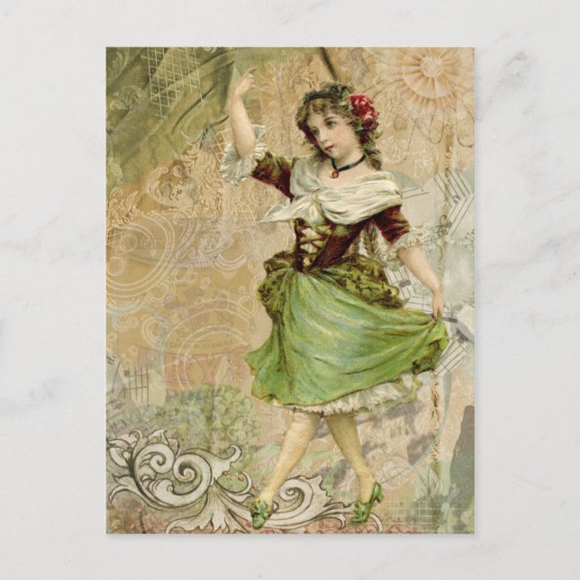 Victorian Dancing Girl Green Red Rose Postcard (Front)