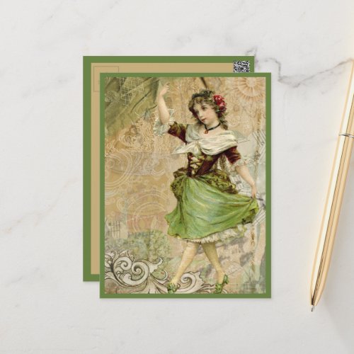 Victorian Dancing Girl Green Red Rose Postcard