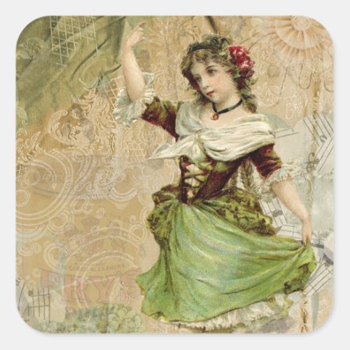 Victorian Dancing Girl Green Red Rose Stickers