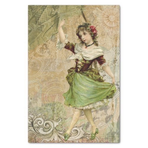 Victorian Dancing Girl Green Red Rose Tissue Paper