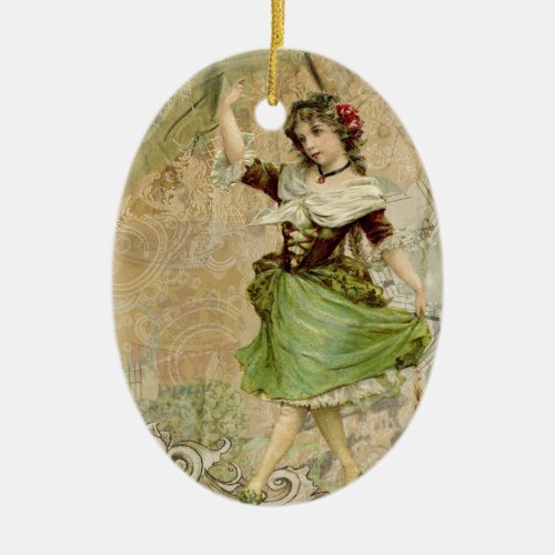 Victorian Dancing Girl Green w Red Rose Ornament