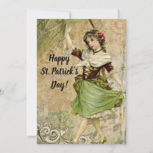 Victorian Dancing Girl in Green St Patricks Day Holiday Card