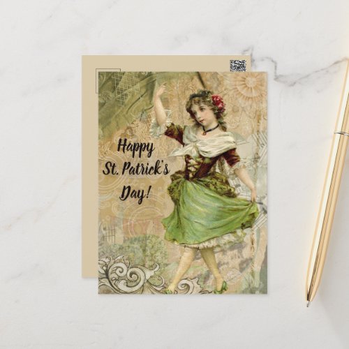 Victorian Dancing Girl in Green St Patricks Day Holiday Postcard
