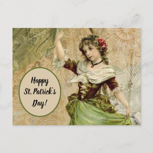 Victorian Dancing Girl in Green St Patricks Day Postcard