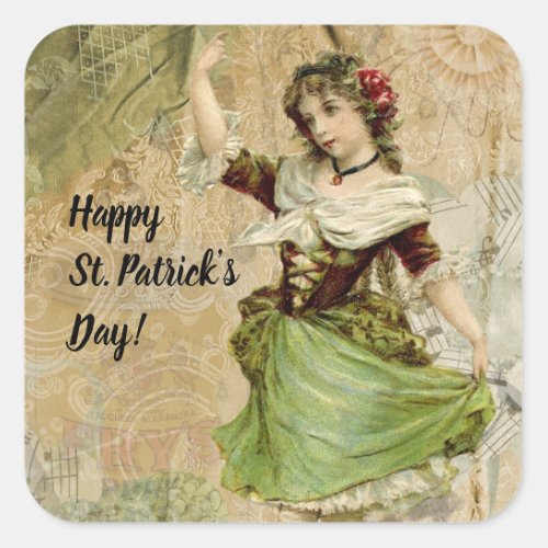 Victorian Dancing Girl in Green St Patricks Day Square Sticker