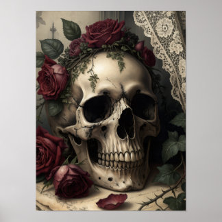Victorian Dark Academia Gothic Skull with Roses Poster