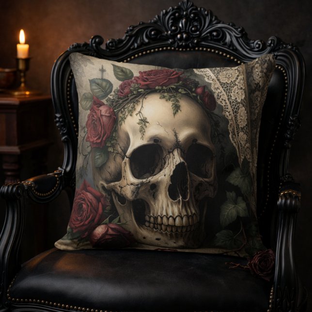 Victorian Dark Academia Gothic Skull with Roses Throw Pillow (Victorian Dark Academia Gothic Skull with Roses Throw Pillow)