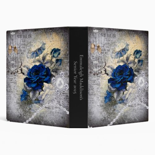 Victorian Dark Blue Rose Bohemian Pearls Scrapbook 3 Ring Binder