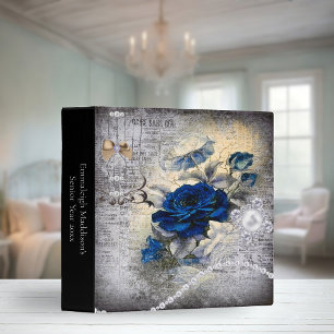 Victorian Dark Blue Rose Bohemian Pearls Scrapbook 3 Ring Binder