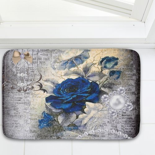 Victorian Dark Blue Rose Ephemera Bath Mat