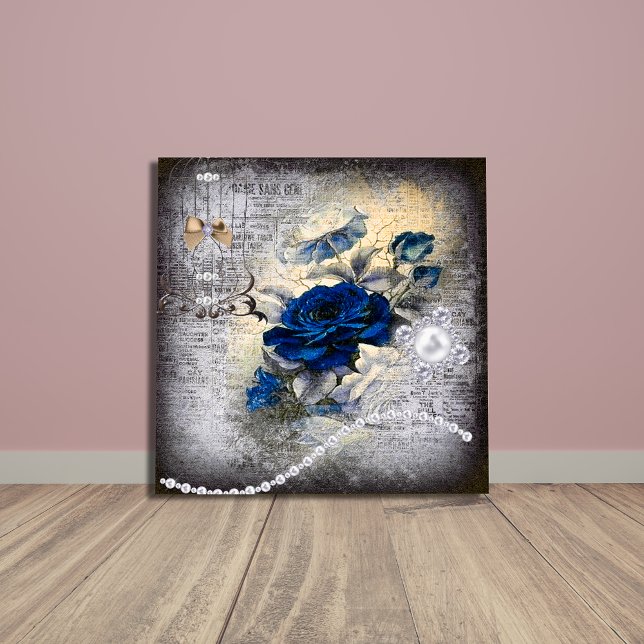 Victorian Dark Blue Rose Ephemera Faux Canvas Print (Creator Uploaded)