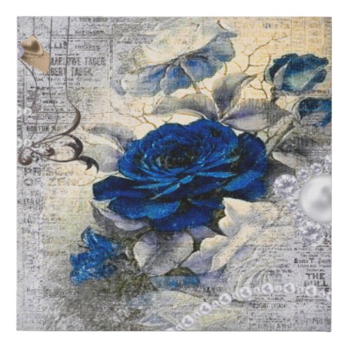 Victorian Dark Blue Rose Ephemera Faux Canvas Print