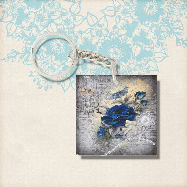 Victorian Dark Blue Rose Ephemera Keychain (Creator Uploaded)