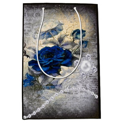 Victorian Dark Blue Rose Ephemera Medium Gift Bag