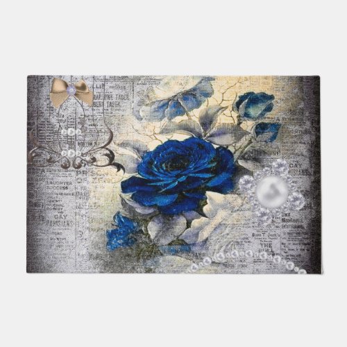 Victorian Dark Blue Rose Ephemera Styled Doormat