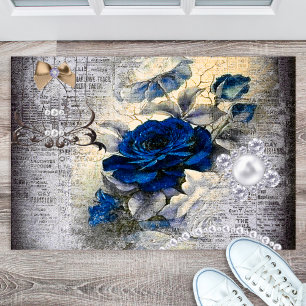 Victorian Dark Blue Rose Ephemera Styled Doormat
