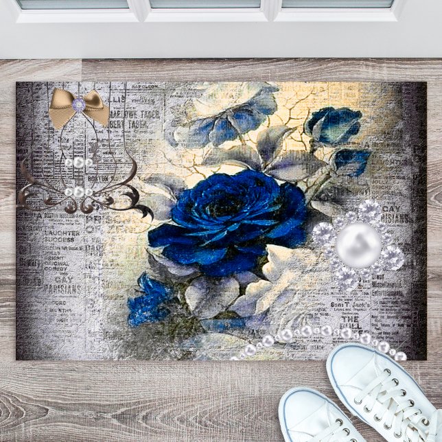 Victorian Dark Blue Rose Ephemera Styled Doormat (Creator Uploaded)