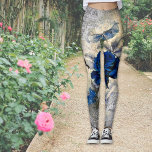 Victorian Dark Blue Rose Ephemera Vintage Chic Leggings<br><div class="desc">Lovely,  vintage,  dark blue rose florals on newspaper print,  featuring a faux pearl brooch and necklace,  birdcage with yellow bow to create a luxury,  extravagant,  vintage chic style for her.</div>