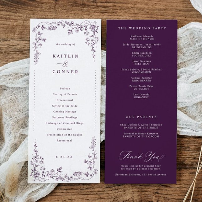Victorian Dark Purple French Floral Wedding Program (Eggplant wedding program with Victorian floral and toile de jouy design)