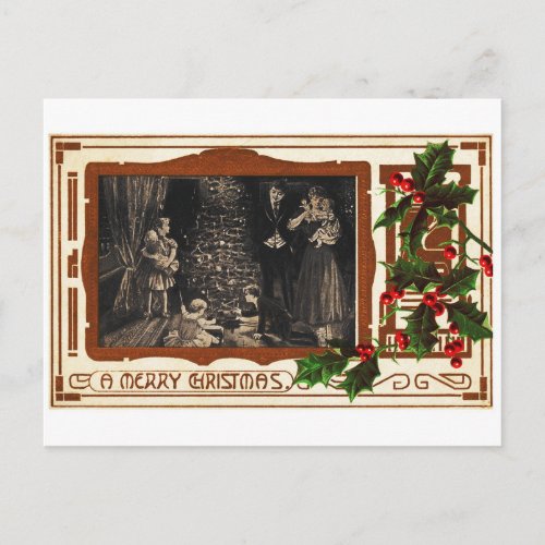 Victorian Deco Christmas Vintage Holly Family Holiday Postcard