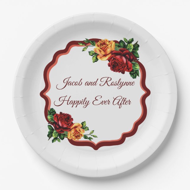 Victorian Deep Red and Yellow Roses Paper Plates (Front)